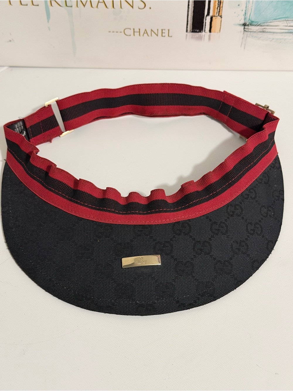 Gucci Black Visor with Red & Black Striped Band